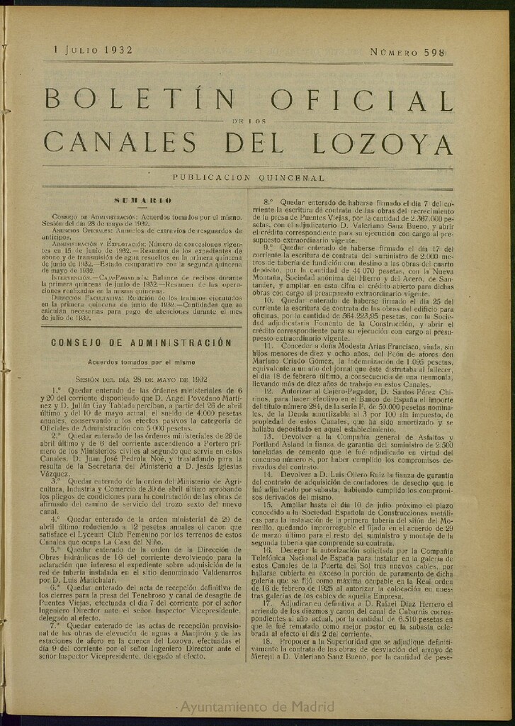 Miniatura de Boletín Oficial de los Canales del Lozoya del 1 de julio de 1932, nº 598