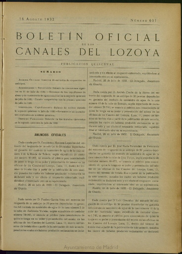 Miniatura de Boletín Oficial de los Canales del Lozoya del 16 de agosto de 1932, nº 601