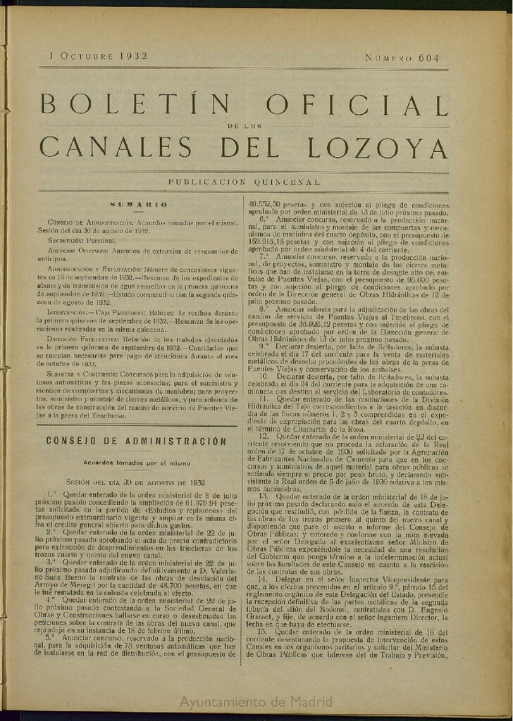 Miniatura de Boletín Oficial de los Canales del Lozoya del 1 de octubre de 1932, nº 604