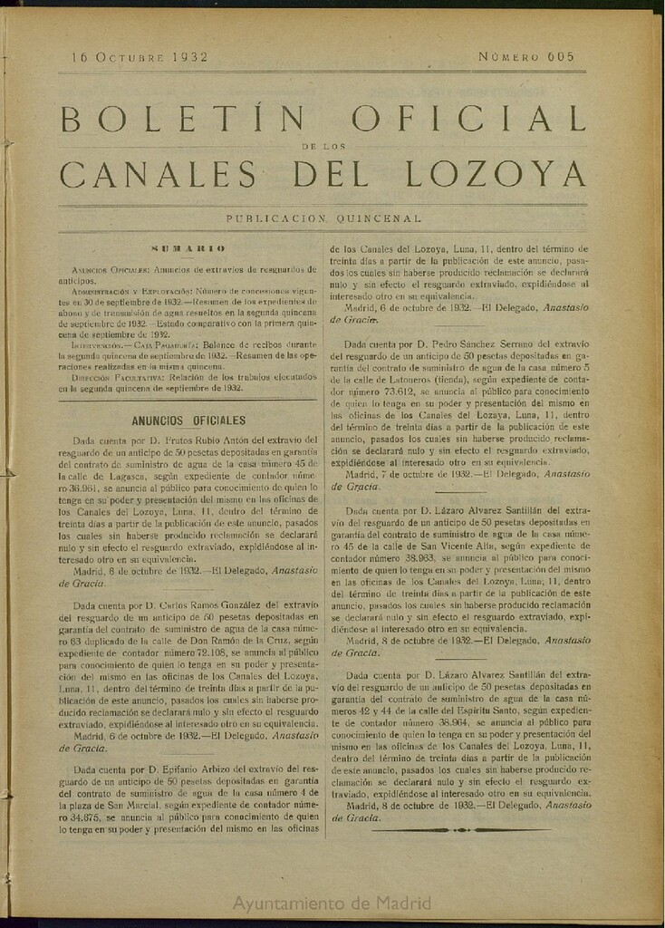 Miniatura de Boletín Oficial de los Canales del Lozoya del 16 de octubre de 1932, nº 605