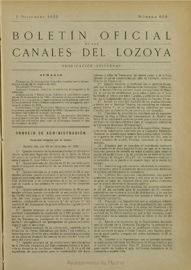 Miniatura de Boletín Oficial de los Canales del Lozoya del 1 de diciembre de 1932, nº 608
