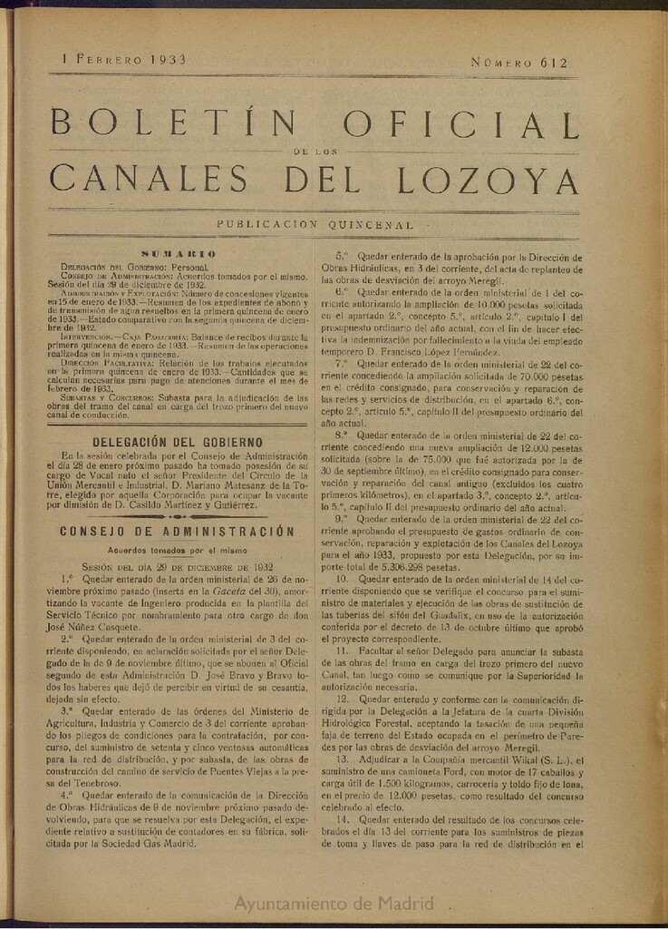 Miniatura de Boletín Oficial de los Canales del Lozoya del 1 de febrero de 1933, nº 612