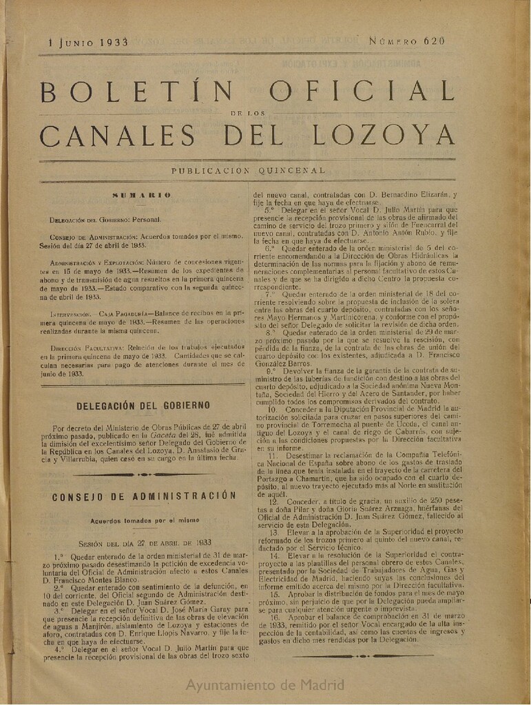 Miniatura de Boletín Oficial de los Canales del Lozoya del 1 de junio de 1933, nº 620