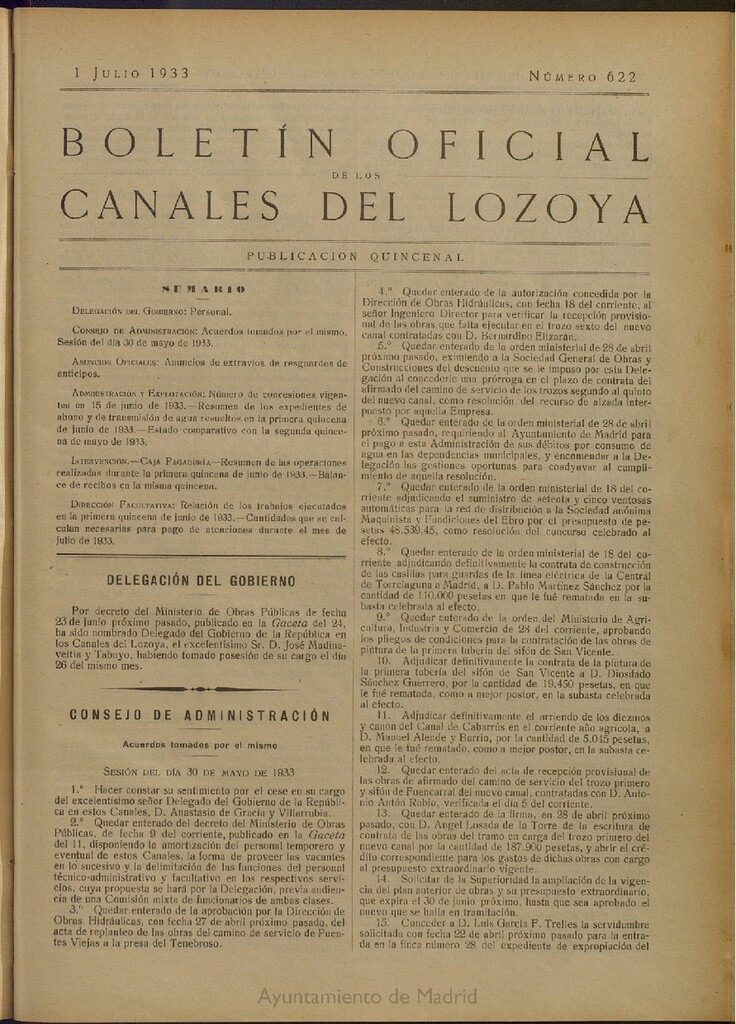 Miniatura de Boletín Oficial de los Canales del Lozoya del 1 de julio de 1933, nº 622