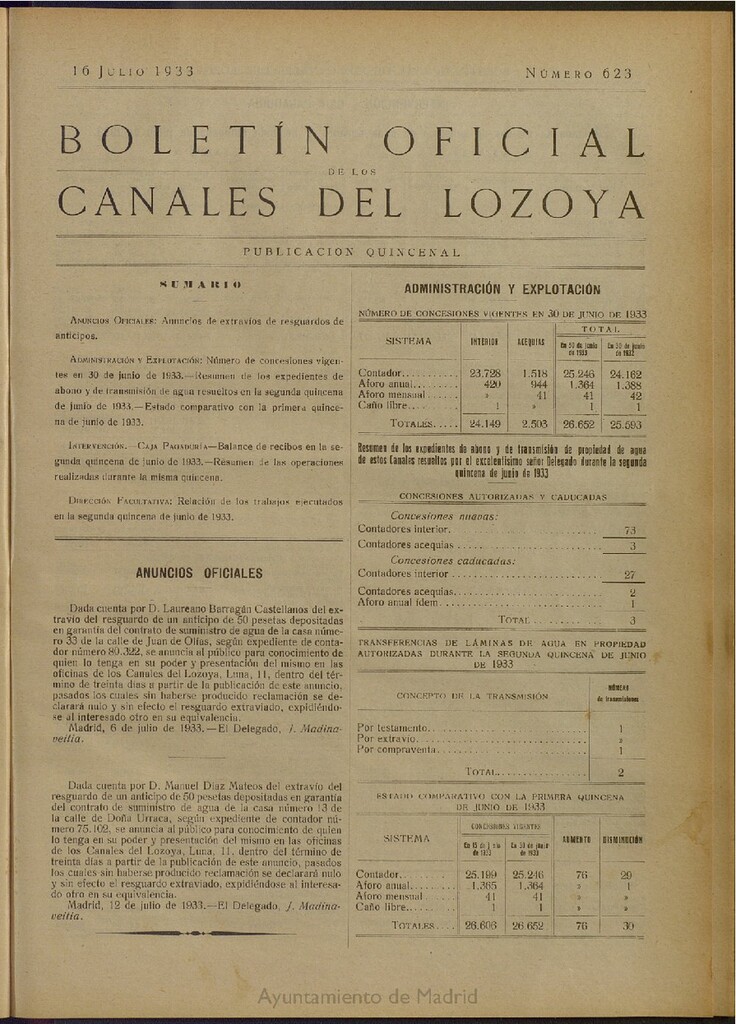 Miniatura de Boletín Oficial de los Canales del Lozoya del 16 de julio de 1933, nº 623