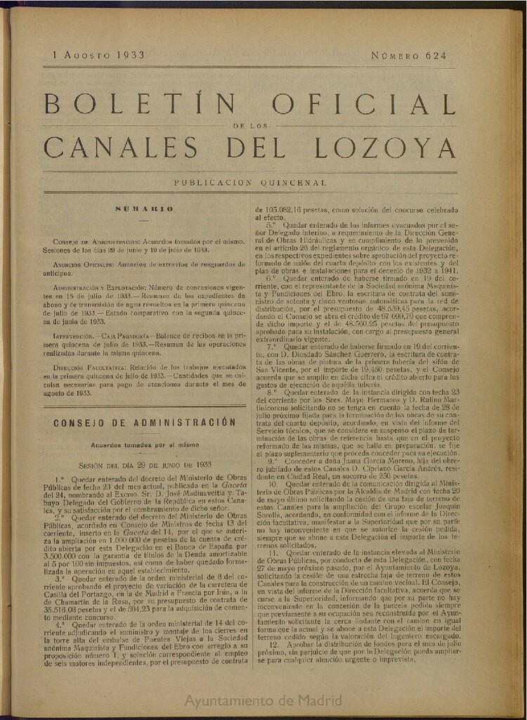 Miniatura de Boletín Oficial de los Canales del Lozoya del 1 de agosto de 1933, nº 624