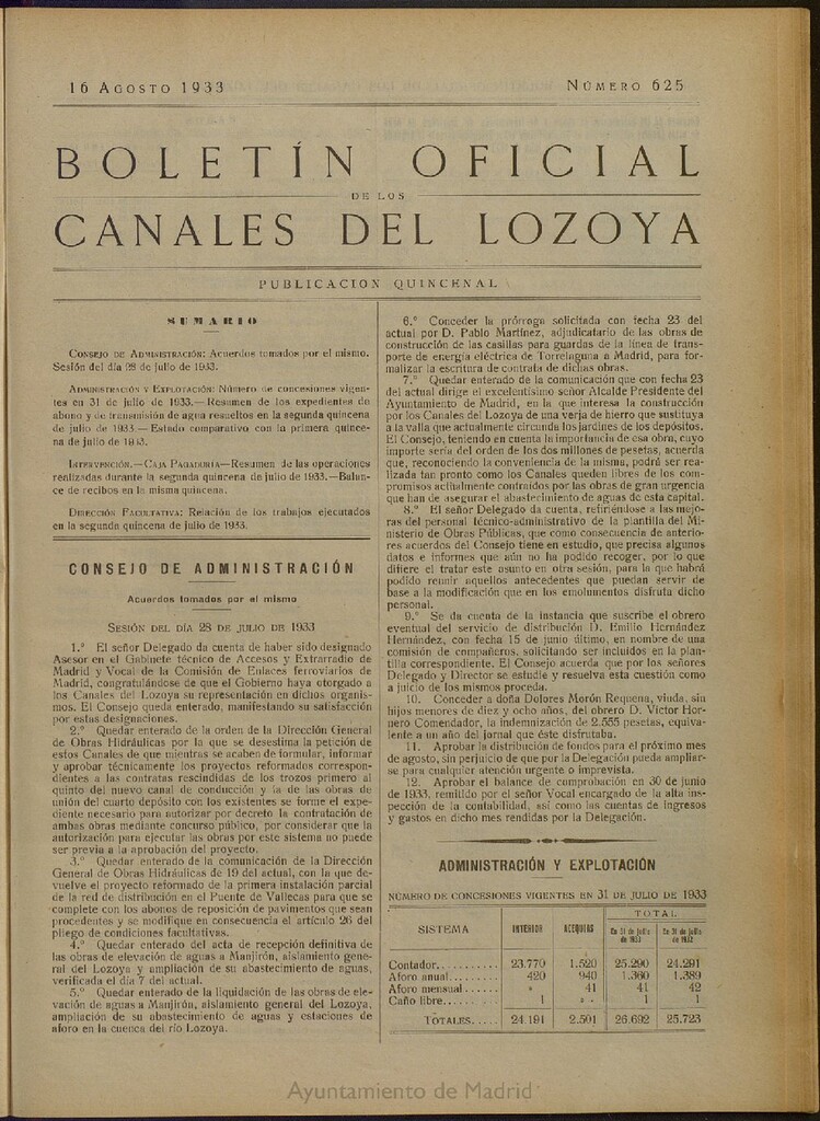 Miniatura de Boletín Oficial de los Canales del Lozoya del 16 de agosto de 1933, nº 625