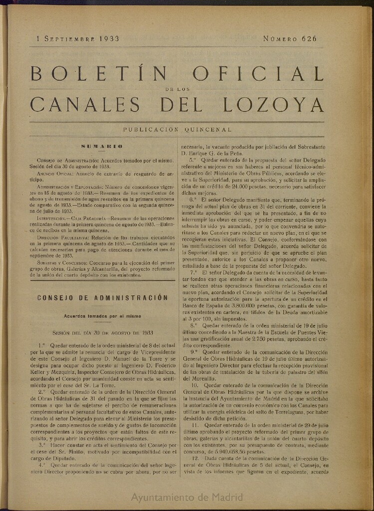 Miniatura de Boletín Oficial de los Canales del Lozoya del 1 de septiembre de 1933, nº 626