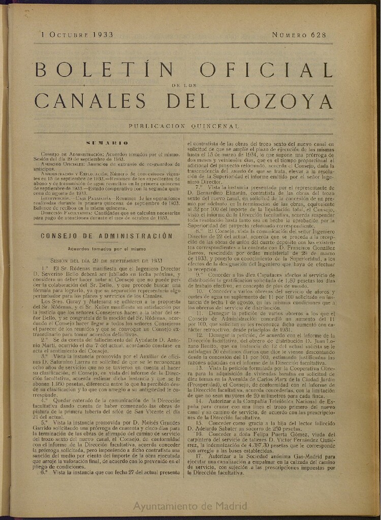 Miniatura de Boletín Oficial de los Canales del Lozoya del 1 de octubre de 1933, nº 628