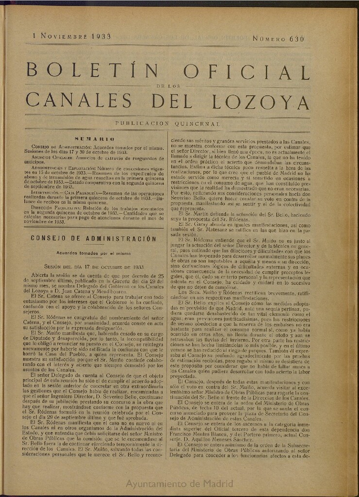 Miniatura de Boletín Oficial de los Canales del Lozoya del 1 de noviembre de 1933, nº 630