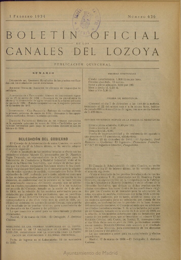 Miniatura de Boletín Oficial de los Canales del Lozoya del 1 de febrero de 1934, nº 636
