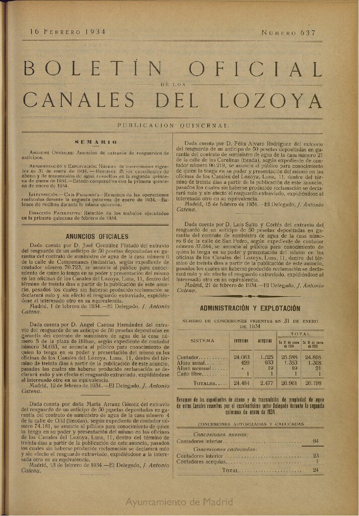 Miniatura de Boletín Oficial de los Canales del Lozoya del 16 de febrero de 1934, nº 637