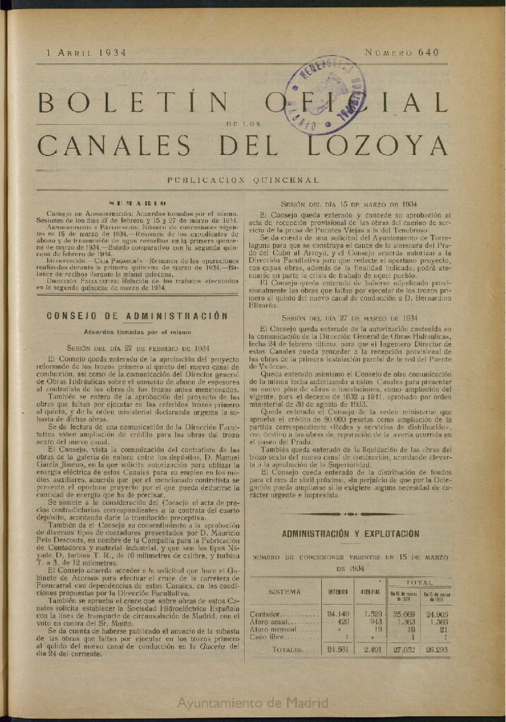 Miniatura de Boletín Oficial de los Canales del Lozoya del 1 de abril de 1934, nº 640