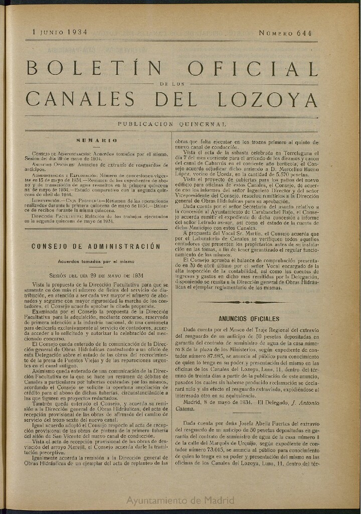 Miniatura de Boletín Oficial de los Canales del Lozoya del 1 de junio de 1934, nº 644