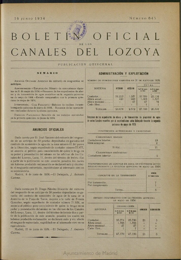 Miniatura de Boletín Oficial de los Canales del Lozoya del 16 de junio de 1934, nº 645