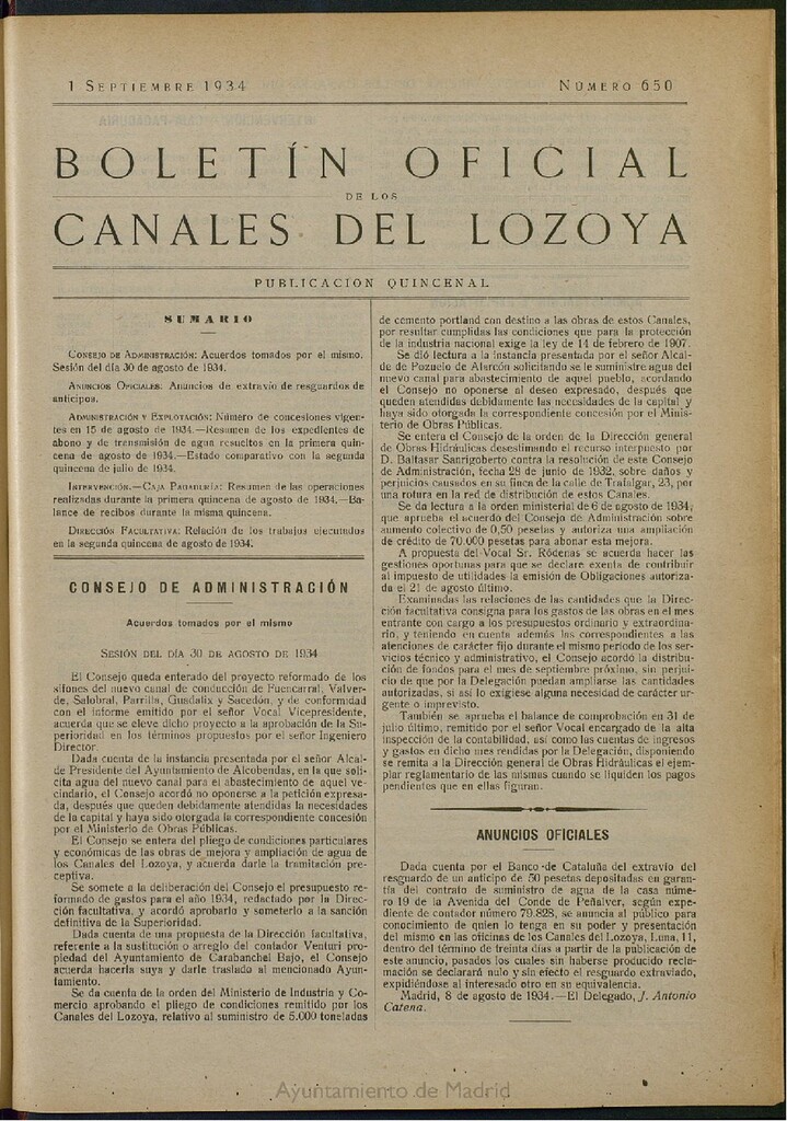 Miniatura de Boletín Oficial de los Canales del Lozoya del 1 de septiembre de 1934, nº 650