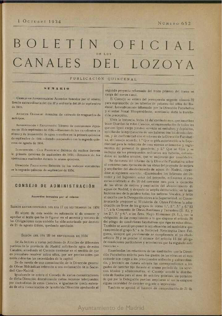 Miniatura de Boletín Oficial de los Canales del Lozoya del 1 de octubre de 1934, nº 652