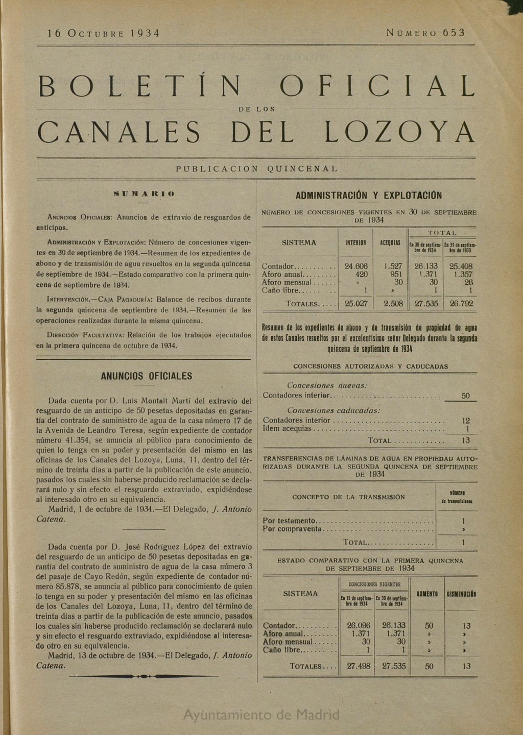 Miniatura de Boletín Oficial de los Canales del Lozoya del 16 de octubre de 1934, nº 653