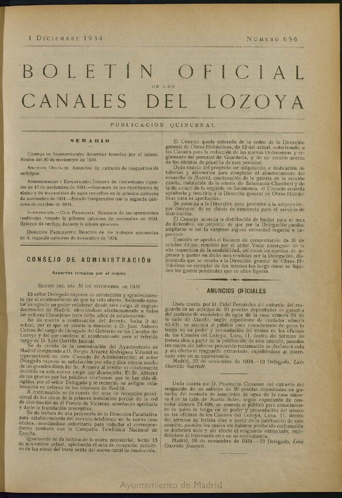 Miniatura de Boletín Oficial de los Canales del Lozoya del 1 de diciembre de 1934, nº 656