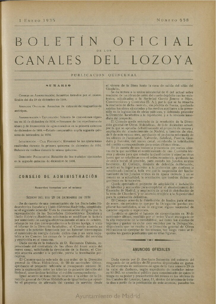 Miniatura de Boletín Oficial de los Canales del Lozoya del 1 de enero de 1935, nº 658