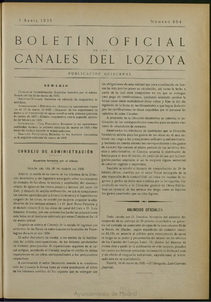 Miniatura de Boletín Oficial de los Canales del Lozoya del 1 de abril de 1935, nº 664