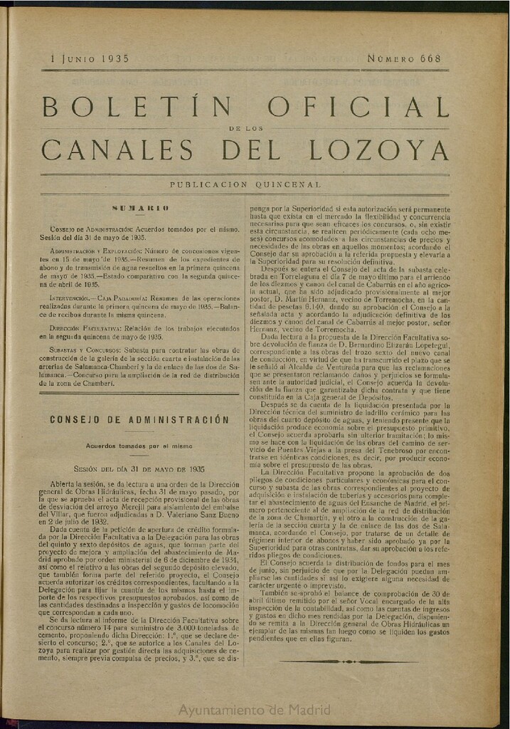 Miniatura de Boletín Oficial de los Canales del Lozoya del 1 de junio de 1935, nº 668