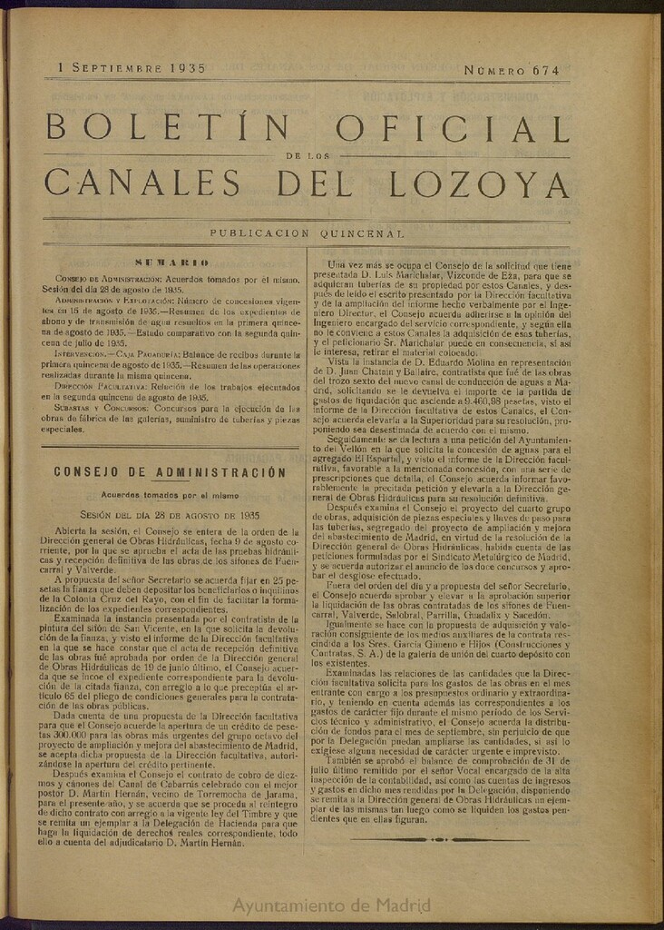 Miniatura de Boletín Oficial de los Canales del Lozoya del 1 de septiembre de 1935, nº 674