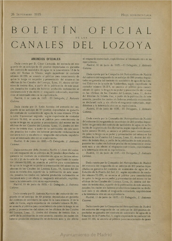 Miniatura de Boletín Oficial de los Canales del Lozoya del 26 de septiembre de 1935, hoja suplementaria
