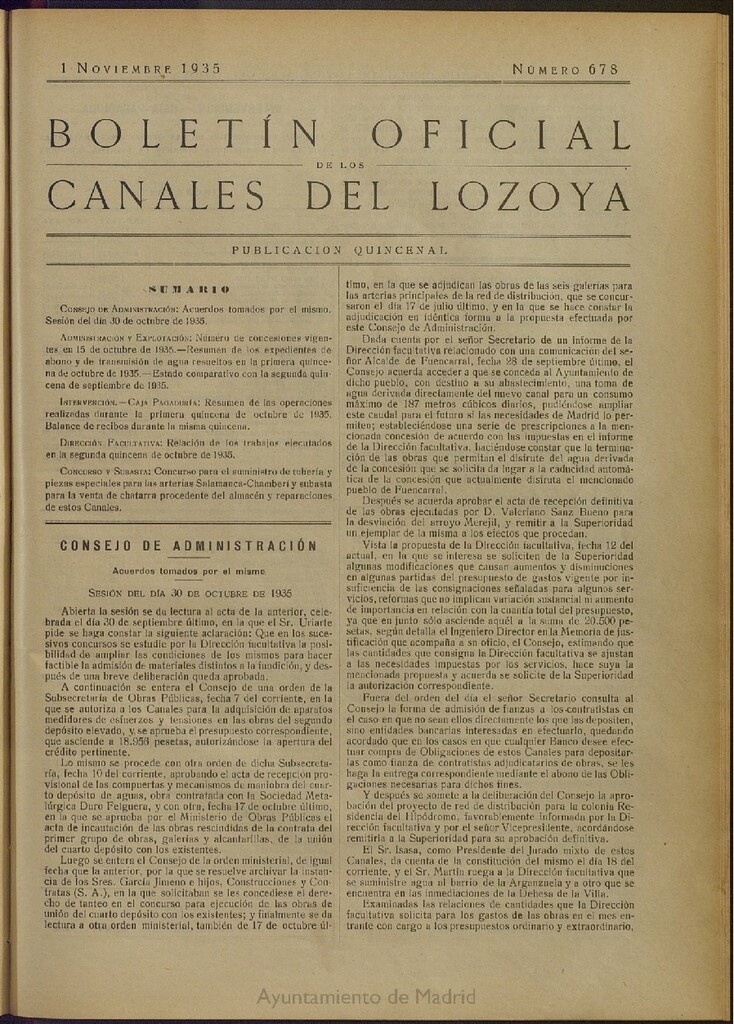 Miniatura de Boletín Oficial de los Canales del Lozoya del 1 de noviembre de 1935, nº 678