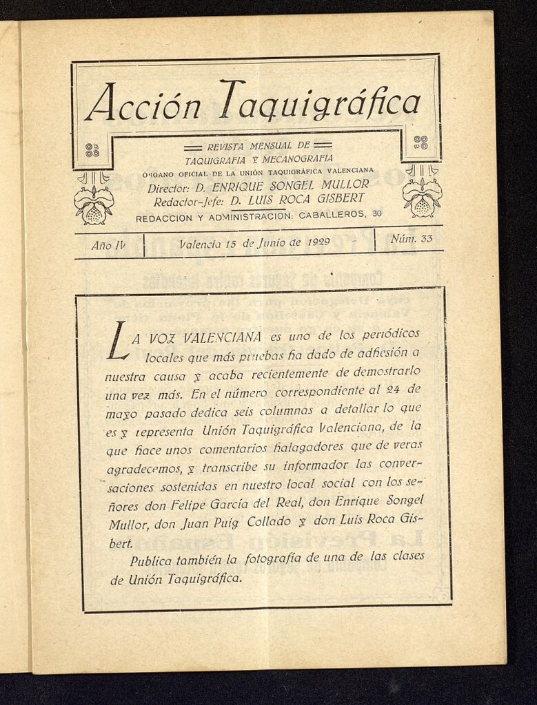Miniatura de Acción Taquigráfica: Revista mensual de Estenografía y Taquigrafía del 15 de junio de 1929, nº 33