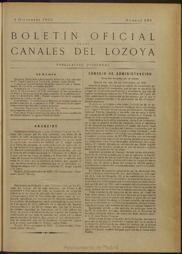 Miniatura de Boletín Oficial de los Canales del Lozoya del 1 de diciembre de 1935, nº 680