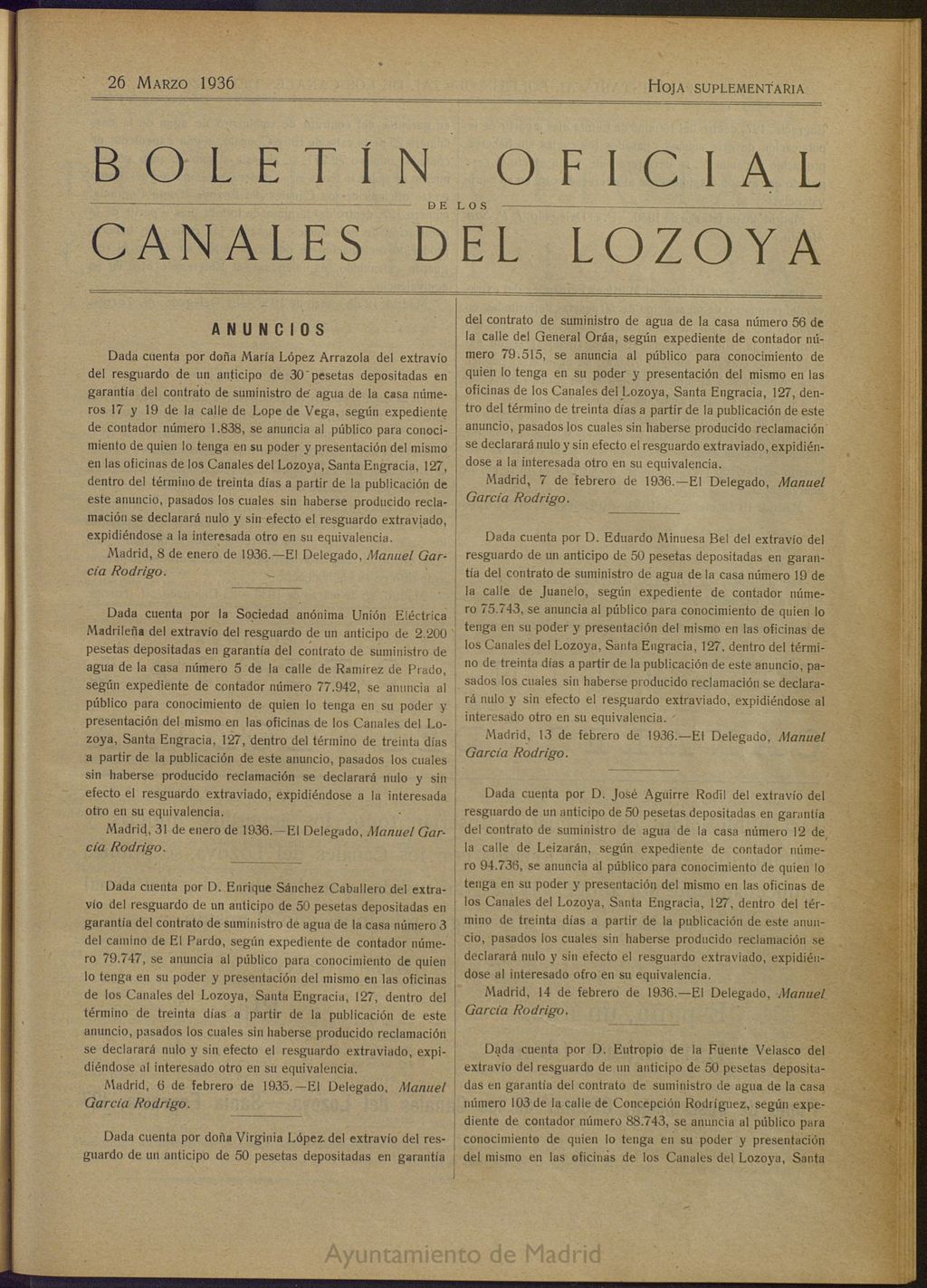 Miniatura de Boletín Oficial de los Canales del Lozoya del 26 de marzo de 1936, hoja suplementaria