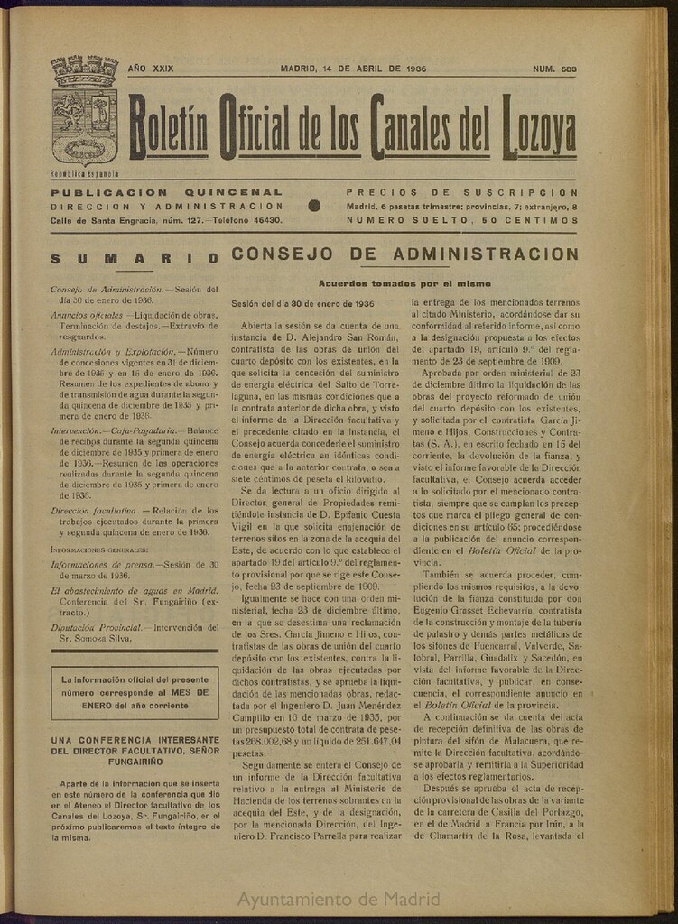 Miniatura de Boletín Oficial de los Canales del Lozoya del 14 de abril de 1936, nº 683