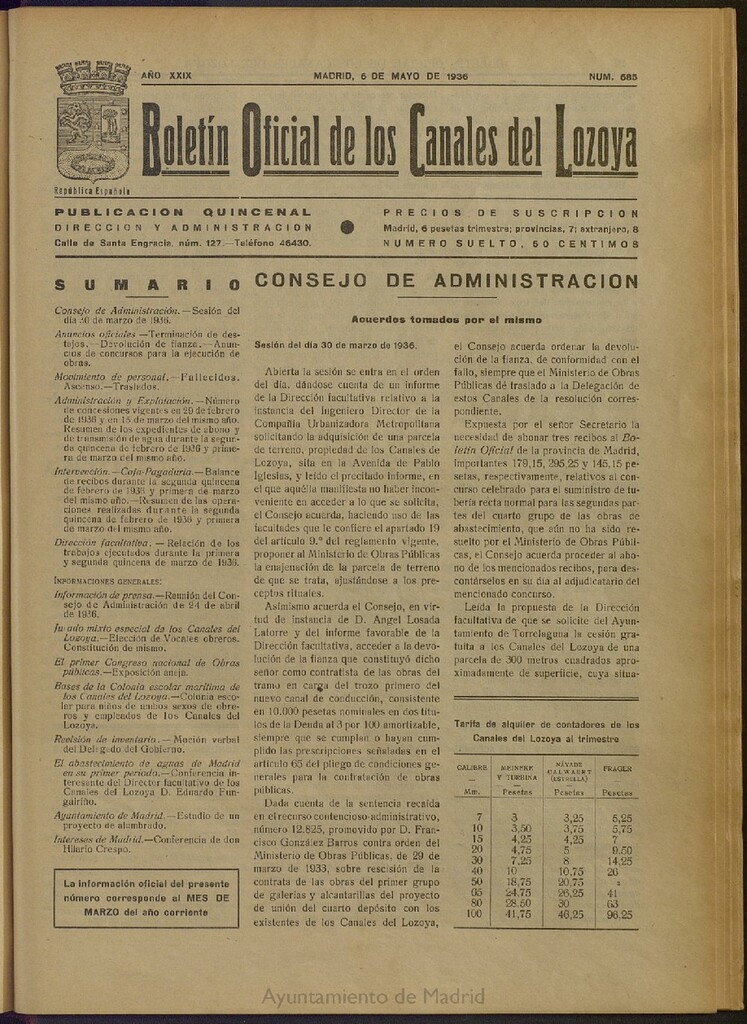 Miniatura de Boletín Oficial de los Canales del Lozoya del 6 de mayo de 1936, nº 685