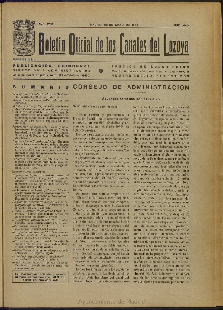Miniatura de Boletín Oficial de los Canales del Lozoya del 30 de mayo de 1936, nº 686