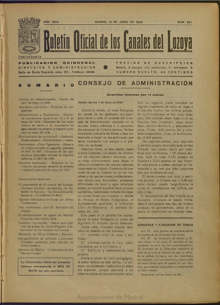 Miniatura de Boletín Oficial de los Canales del Lozoya del 19 de junio de 1936, nº 687