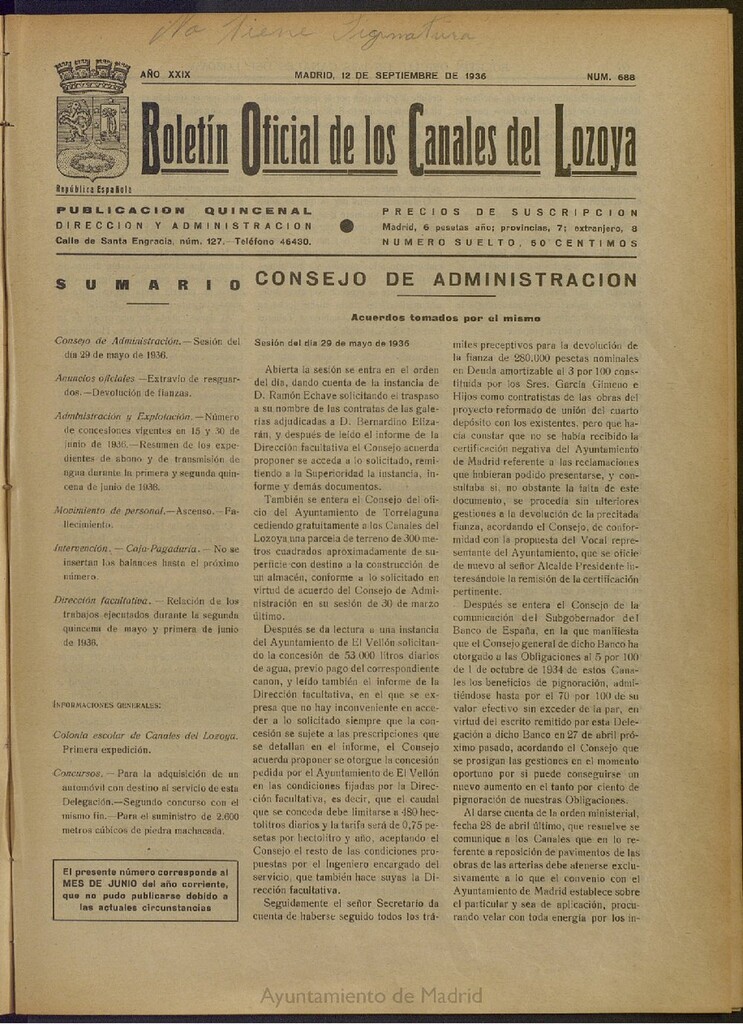 Miniatura de Boletín Oficial de los Canales del Lozoya del 12 de septiembre de 1936, nº 688