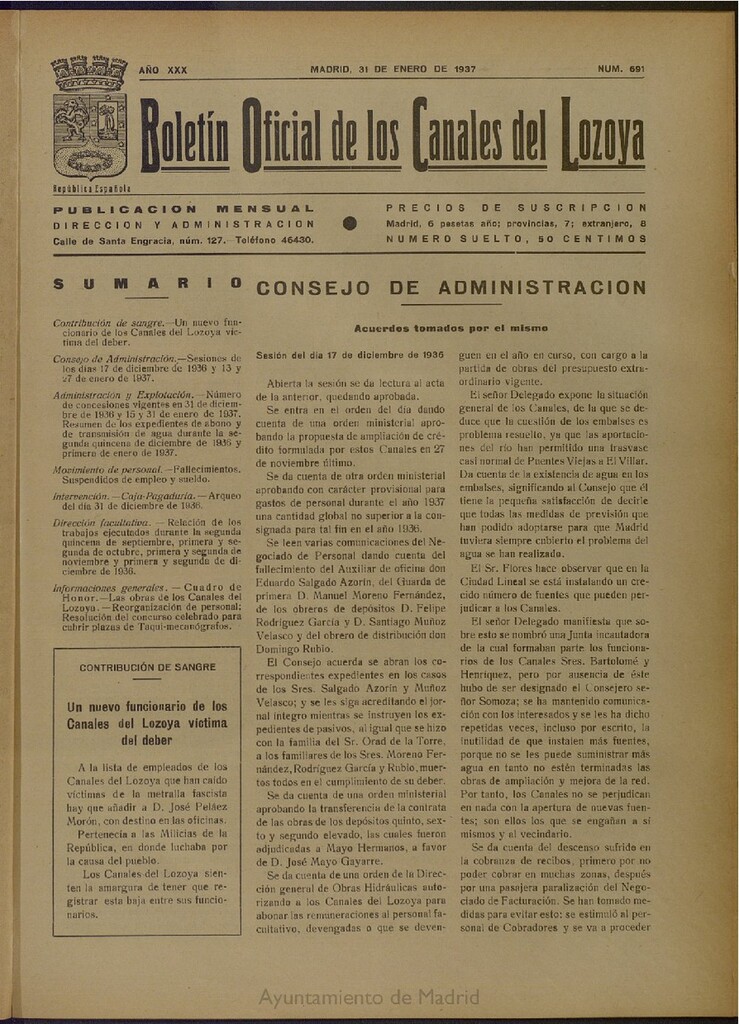 Miniatura de Boletín Oficial de los Canales del Lozoya del 31 de enero de 1937, nº 691