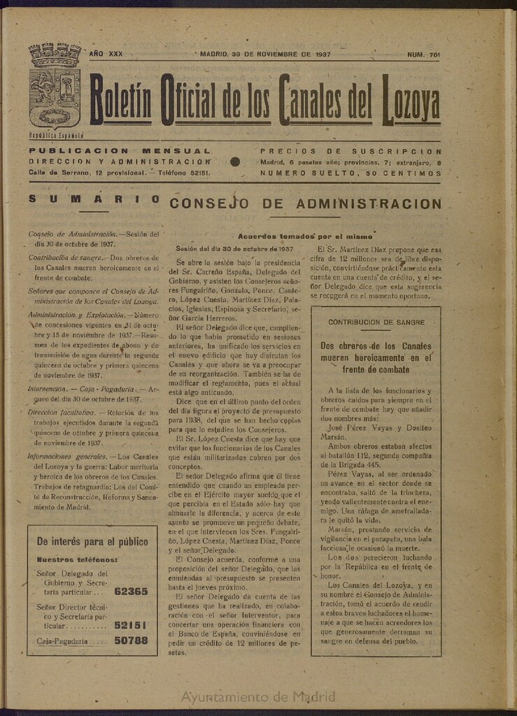 Miniatura de Boletín Oficial de los Canales del Lozoya del 30 de noviembre de 1937, nº 701