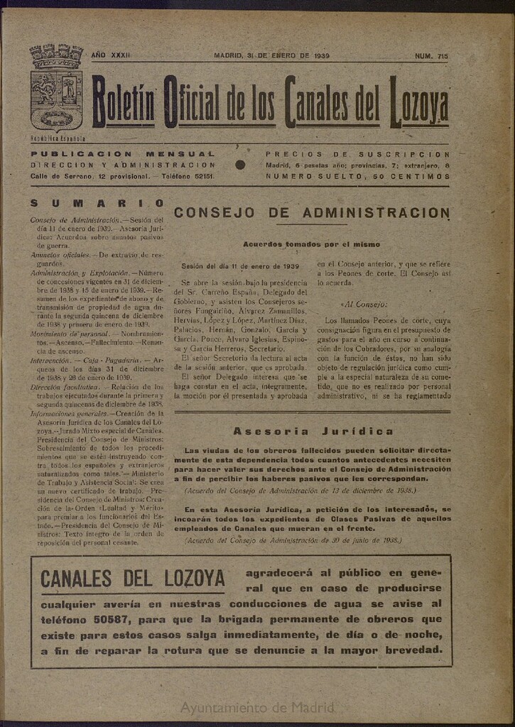 Miniatura de Boletín Oficial de los Canales del Lozoya del 31 de enero de 1939, nº 715