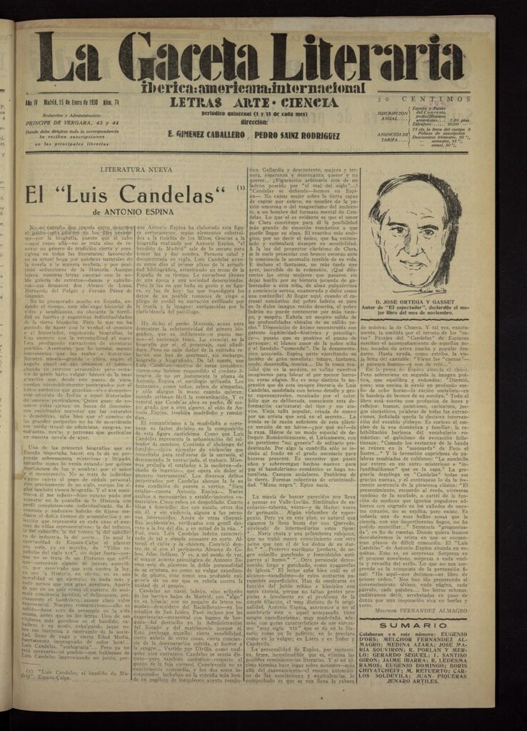 Miniatura de La Gaceta Literaria : ibérica, americana, internacional del 15 de enero de 1930, nº 74