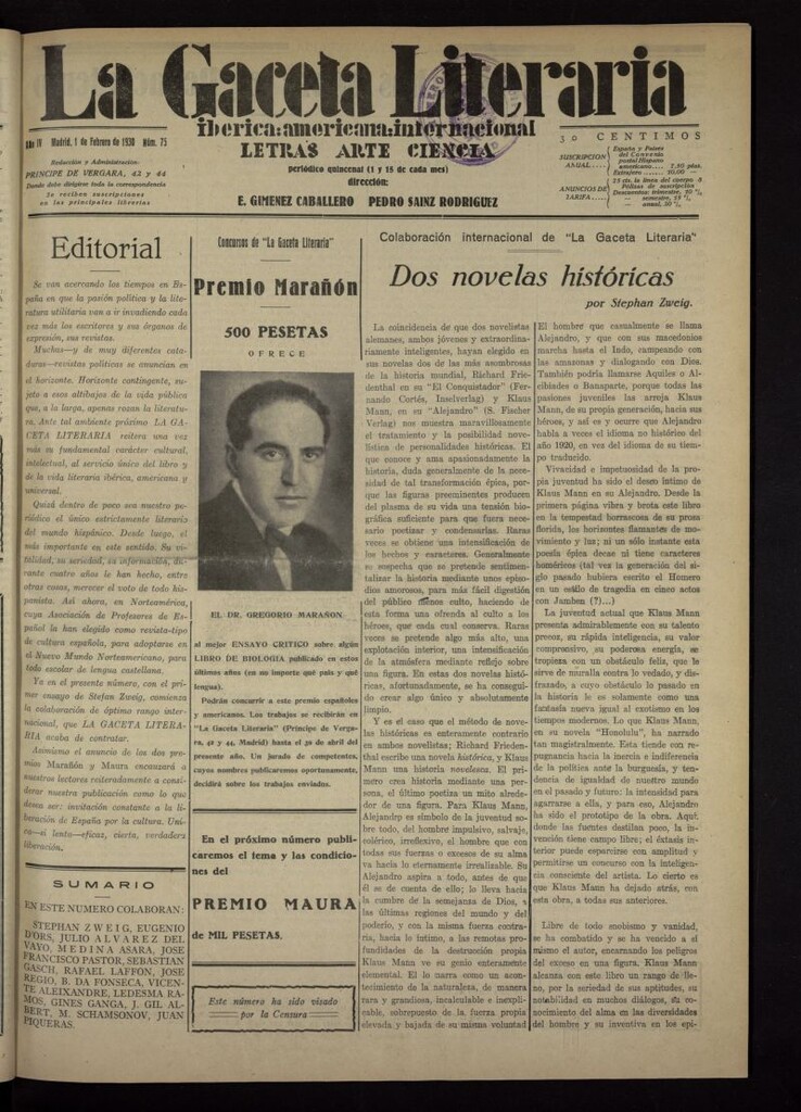 Miniatura de La Gaceta Literaria : ibérica, americana, internacional del 1 de febrero de 1930, nº 75