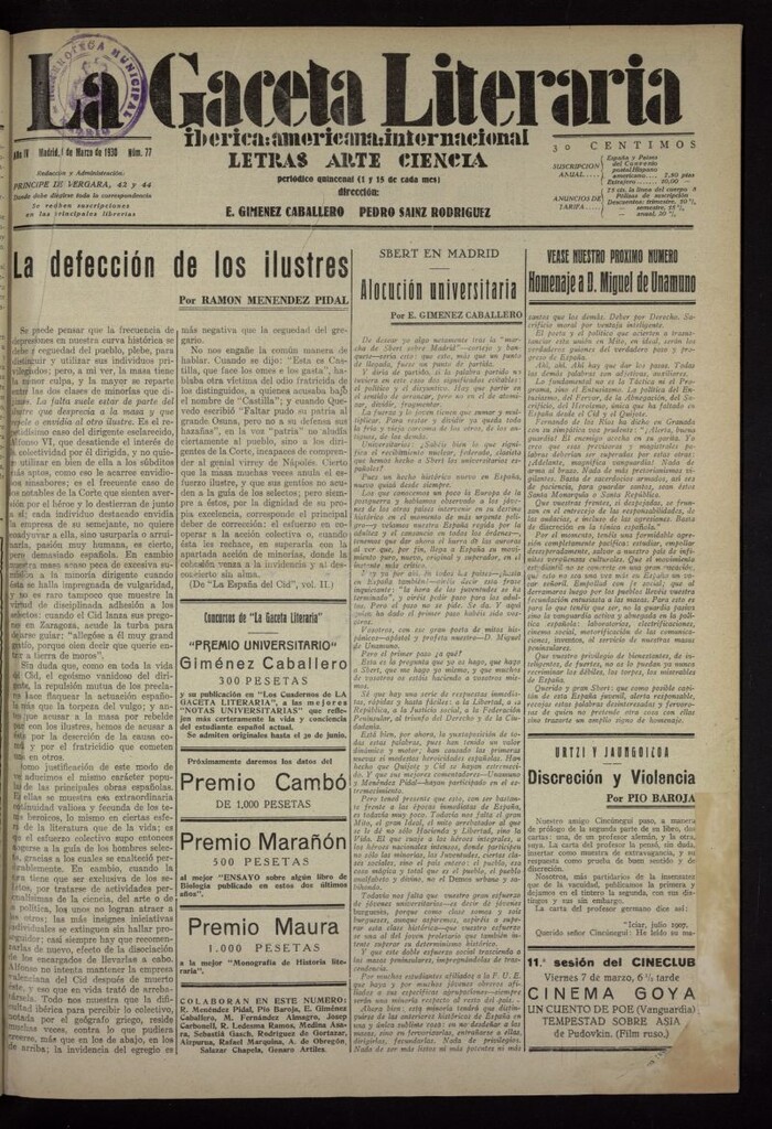 Miniatura de La Gaceta Literaria : ibérica, americana, internacional del 1 de marzo de 1930, nº 77