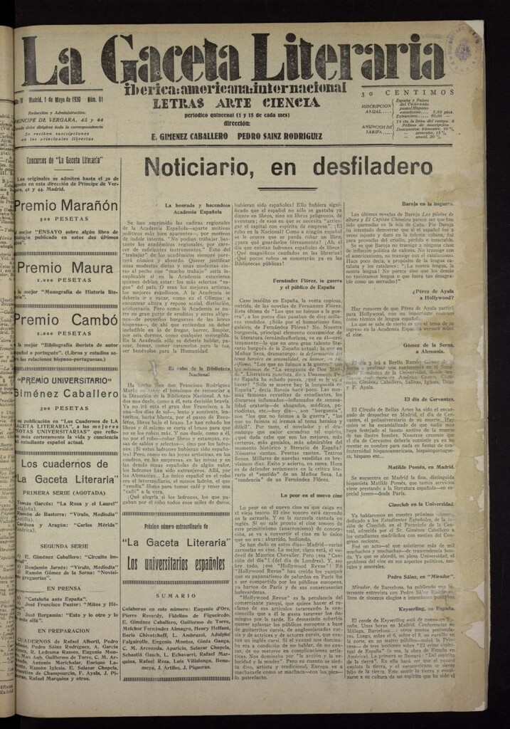 Miniatura de La Gaceta Literaria : ibérica, americana, internacional del 1 de mayo de 1930, nº 81