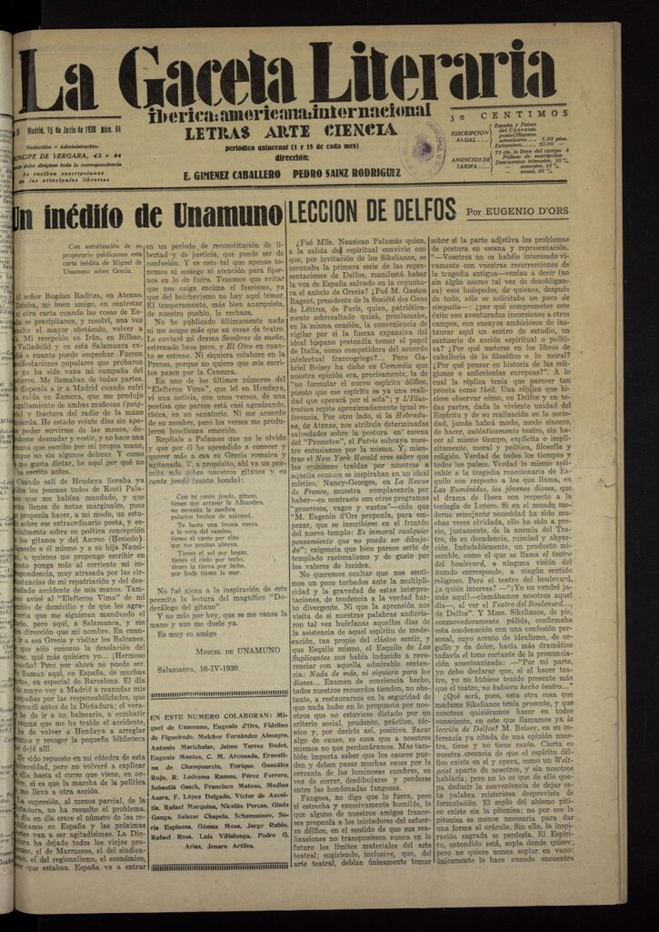 Miniatura de La Gaceta Literaria : ibérica, americana, internacional del 15 de junio de 1930, nº 84