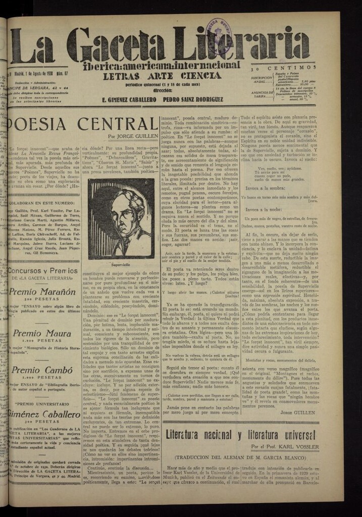Miniatura de La Gaceta Literaria : ibérica, americana, internacional del 1 de agosto de 1930, nº 87