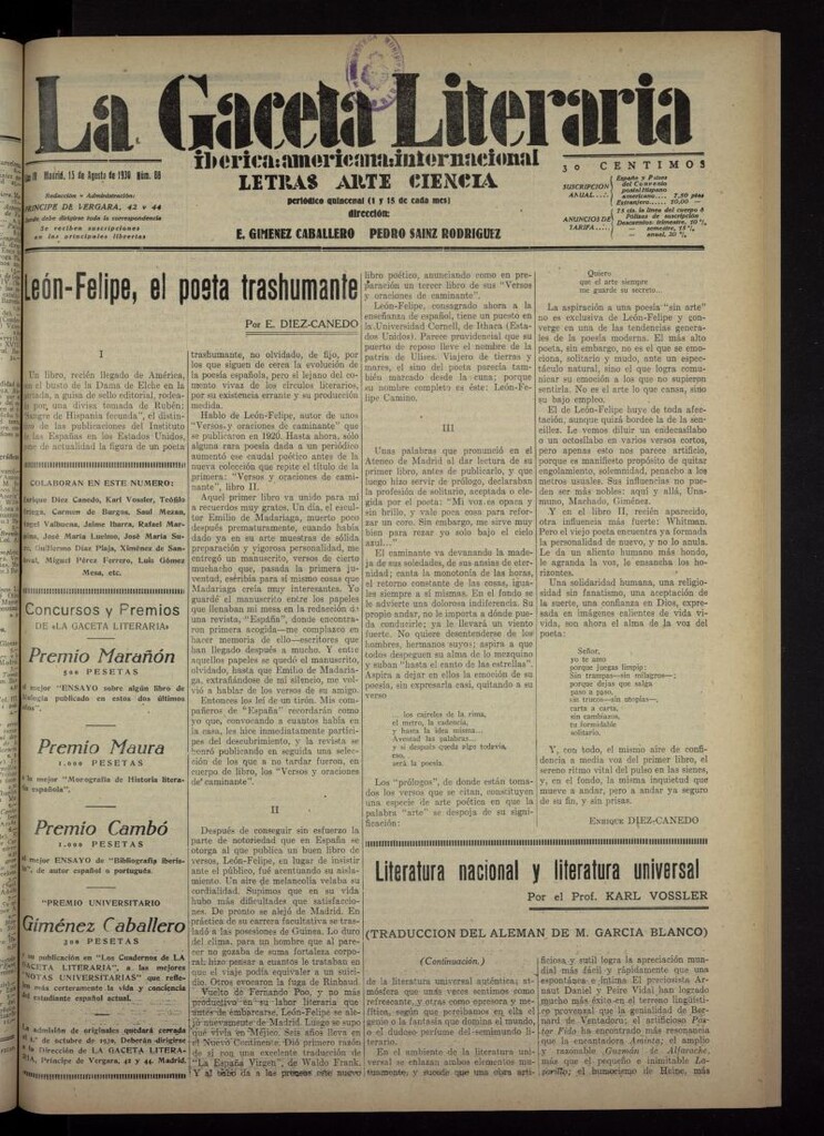 Miniatura de La Gaceta Literaria : ibérica, americana, internacional del 15 de agosto de 1930, nº 88