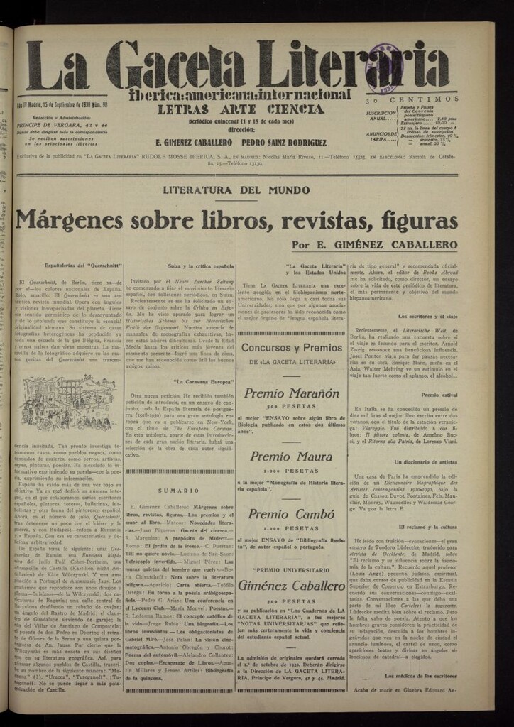 Miniatura de La Gaceta Literaria : ibérica, americana, internacional del 15 de septiembre de 1930, nº 90