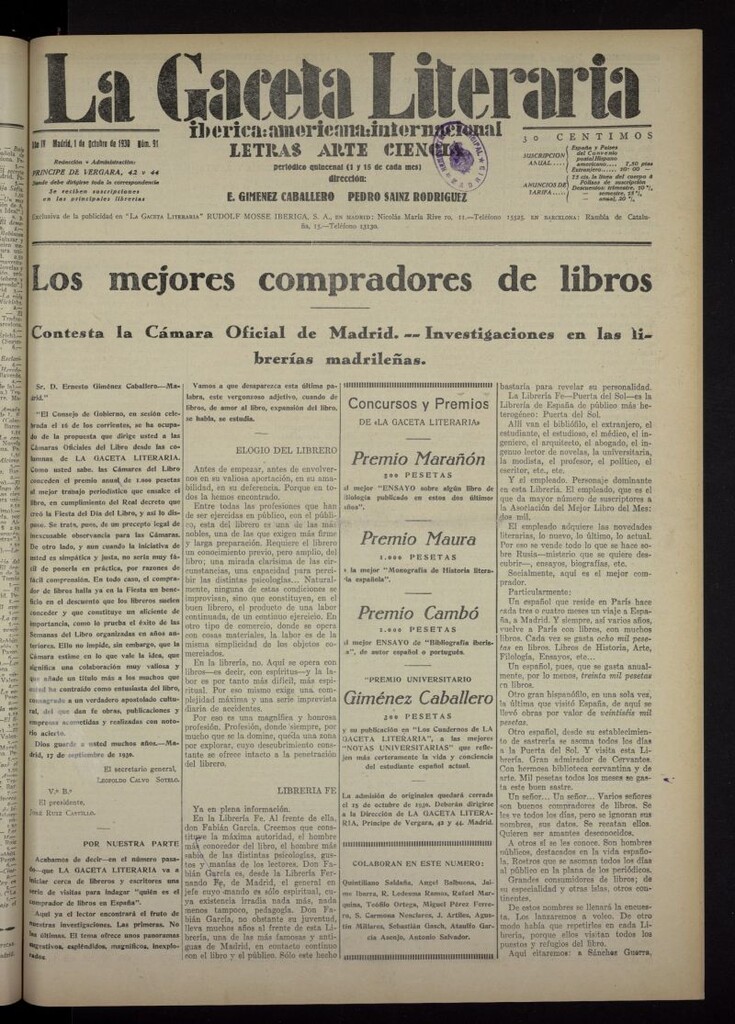 Miniatura de La Gaceta Literaria : ibérica, americana, internacional del 1 de octubre de 1930, nº 91