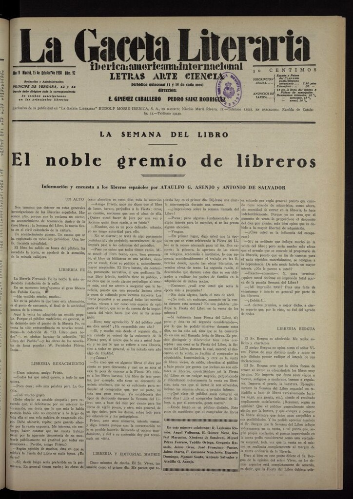 Miniatura de La Gaceta Literaria : ibérica, americana, internacional del 15 de octubre de 1930, nº 92